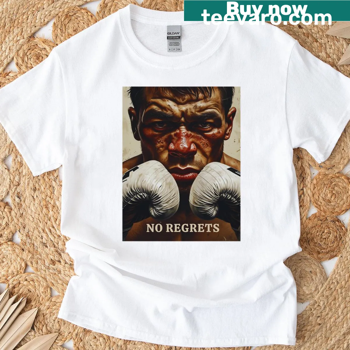 Boxer graphic with gloves and bold lettering on a t-shirt — on a men's t-shirt