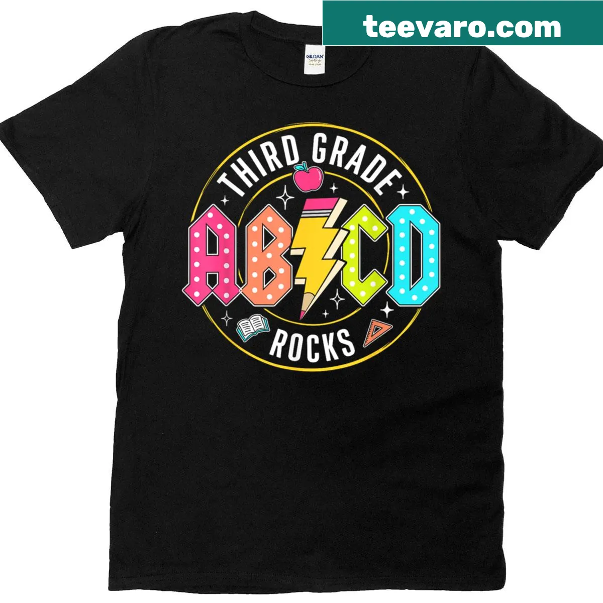 T-shirt celebrating third-grade teachers with a pencil and lightning bolt graphic. — on a men's t-shirt