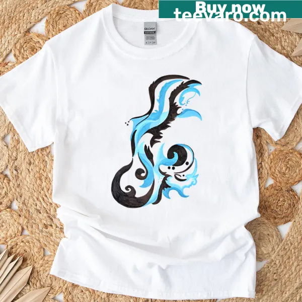 Abstract watercolor design of blue flames on a t-shirt