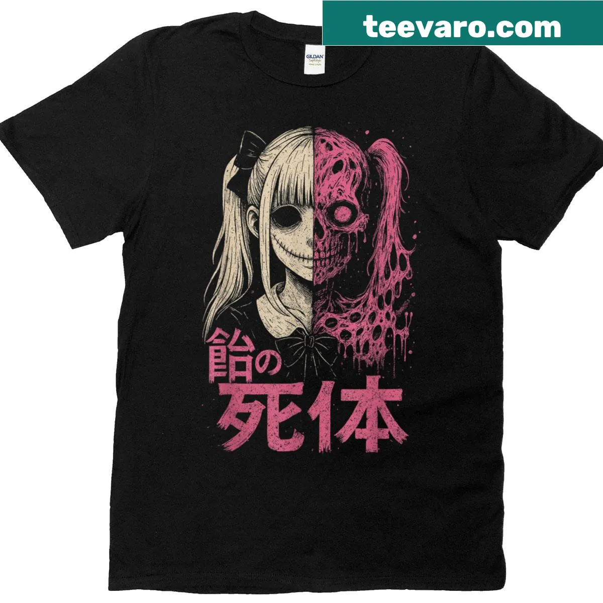 Creepy cute alt goth girl design on an anime-inspired T-shirt — on a men's t-shirt