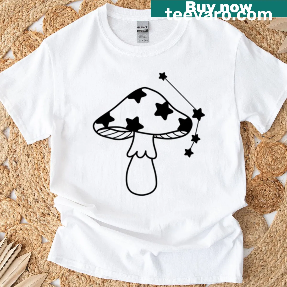 Whimsical Aries Zodiac T-shirt featuring a mushroom and zodiac symbols — on a men's t-shirt