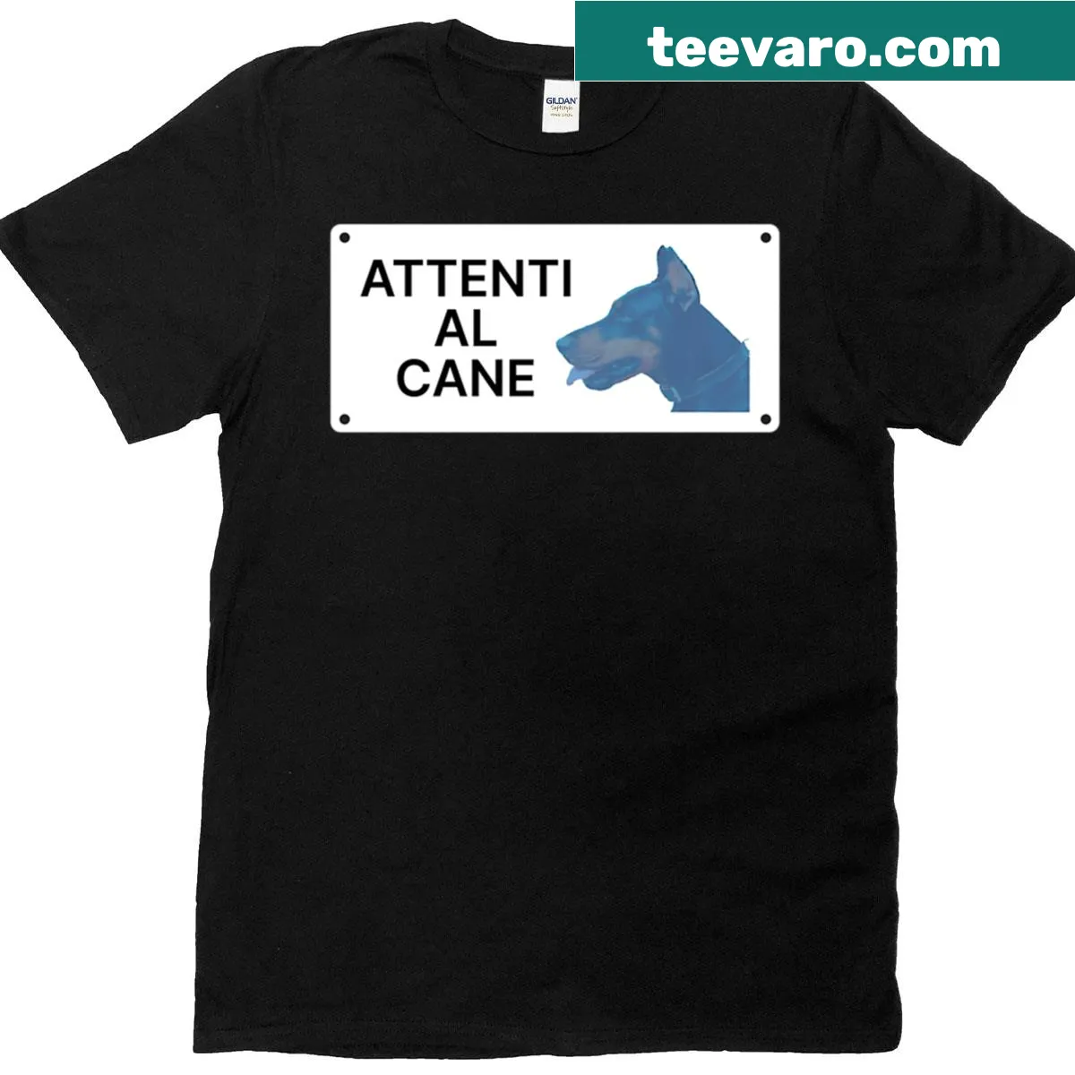 T-shirt featuring the phrase 'Beware of the Dog' in playful font — on a men's t-shirt