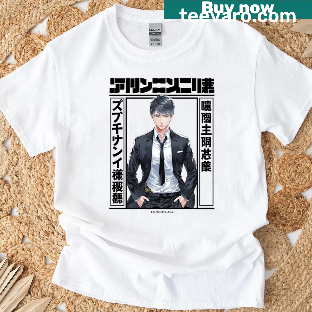 Stylish anime character illustration on a Shinjuku Suit T-shirt — on a men's t-shirt