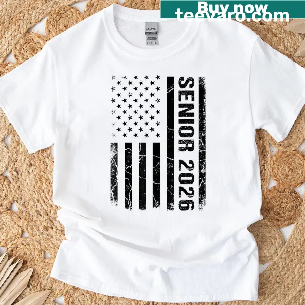 Patriotic T-shirt for senior year 2026 featuring the American flag in the design.