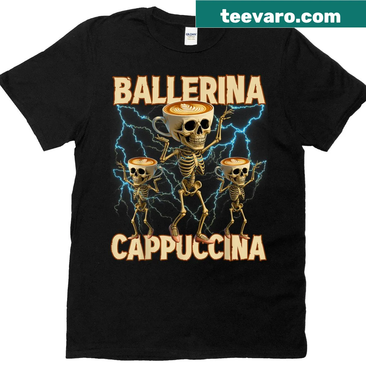 Skeleton ballerina design with 'Cappuccina' text on trendy tee. — on a men's t-shirt