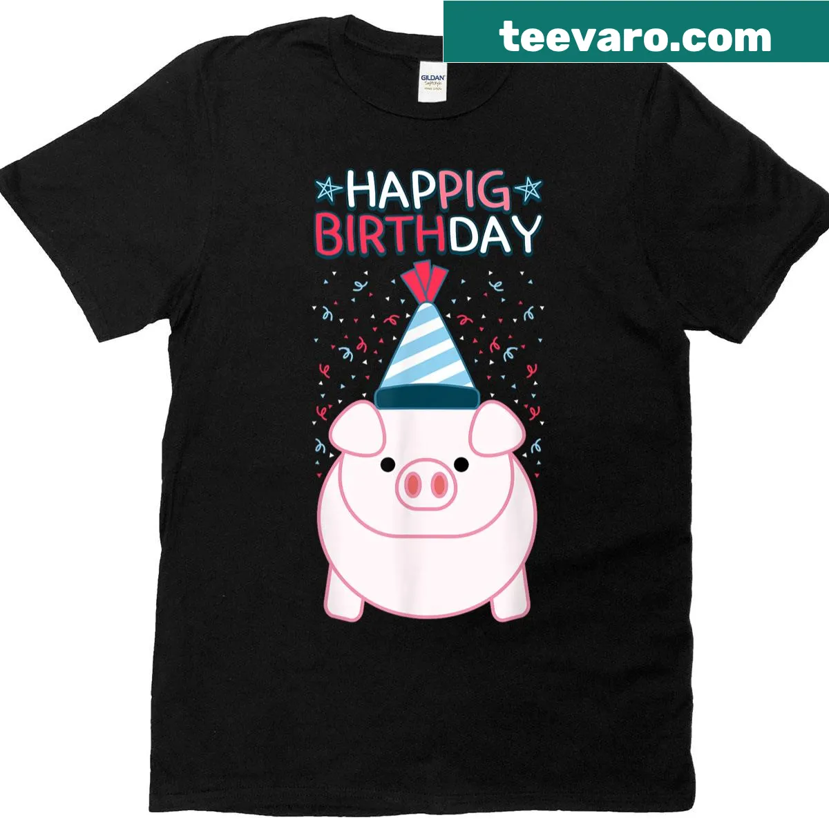 Illustrated potbellied pig with birthday hat and swineherds. — on a men's t-shirt