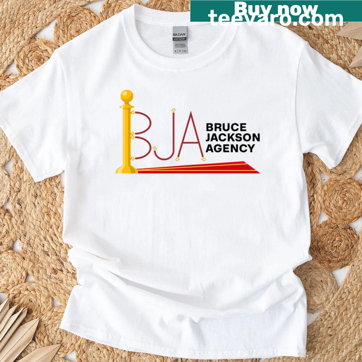 Bold typography graphic of Bja Agency on tee — on a men's t-shirt