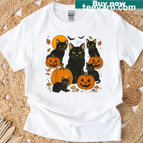 Retro Halloween T-shirt featuring a black cat, pumpkin, and ghost illustration.