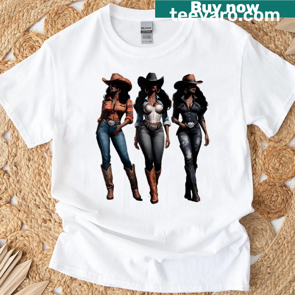 Bold illustration of a black cowgirl on tee — on a men's t-shirt