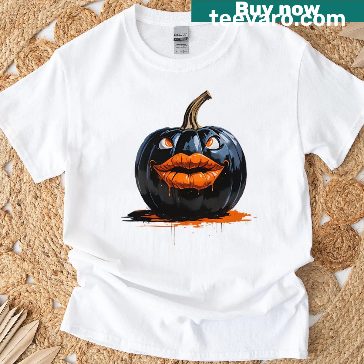 Whimsical black pumpkin with orange kissing lips for Halloween — on a men's t-shirt