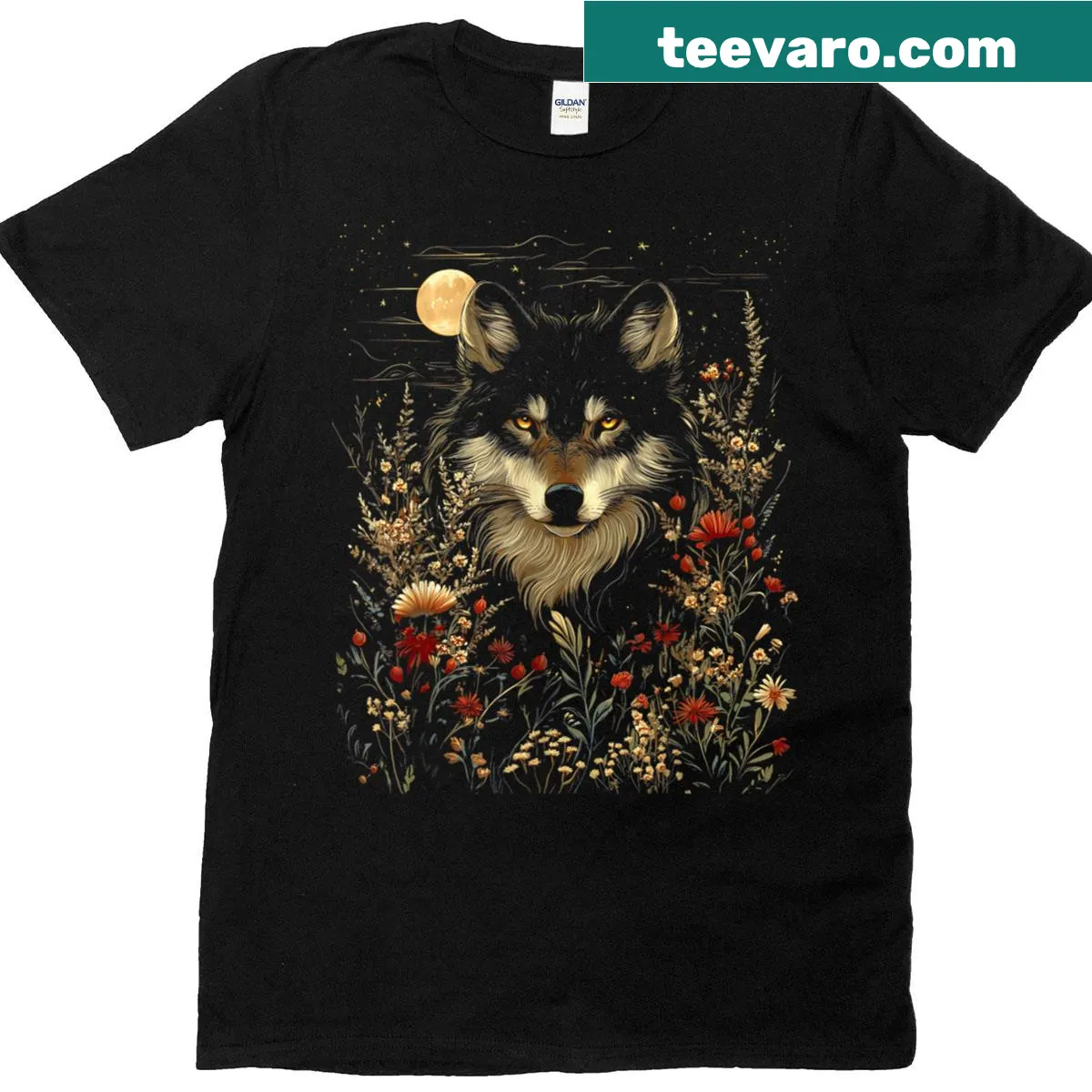 Black wolf howling at full moon with boho floral designs. — on a men's t-shirt