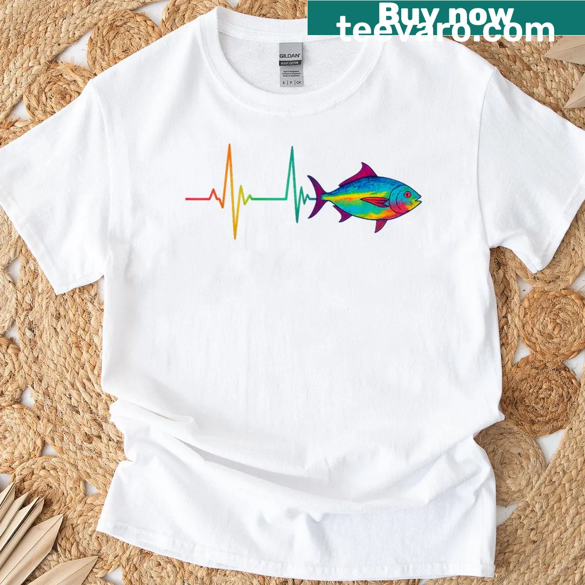 T-shirt with bluefin tuna and heartbeat EKG graphic — on a men's t-shirt