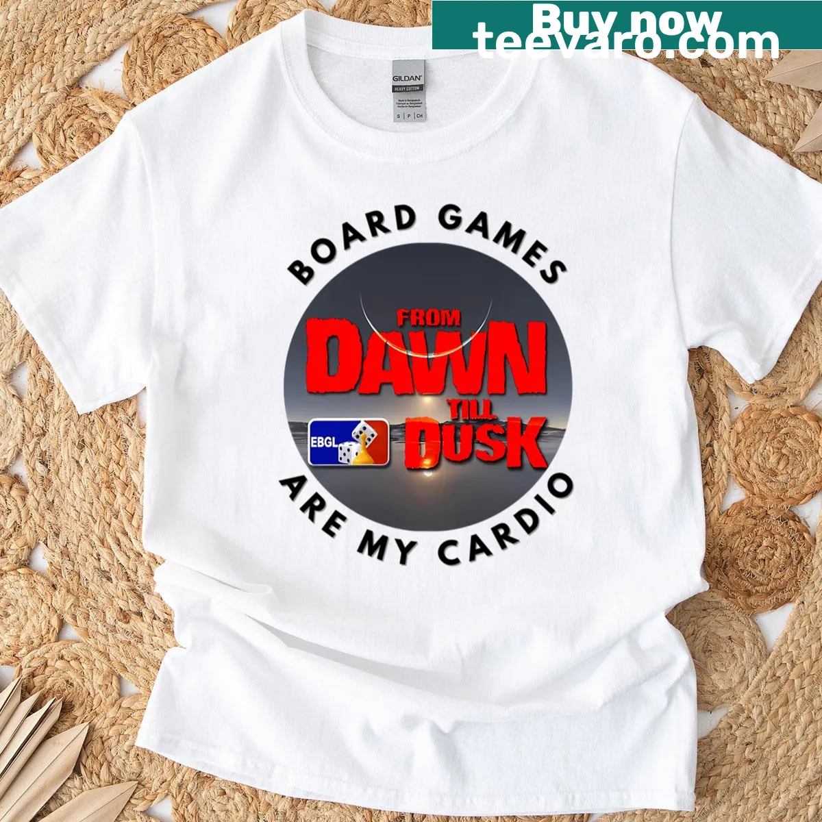 Playful typography T-shirt about board gaming as cardio — on a men's t-shirt