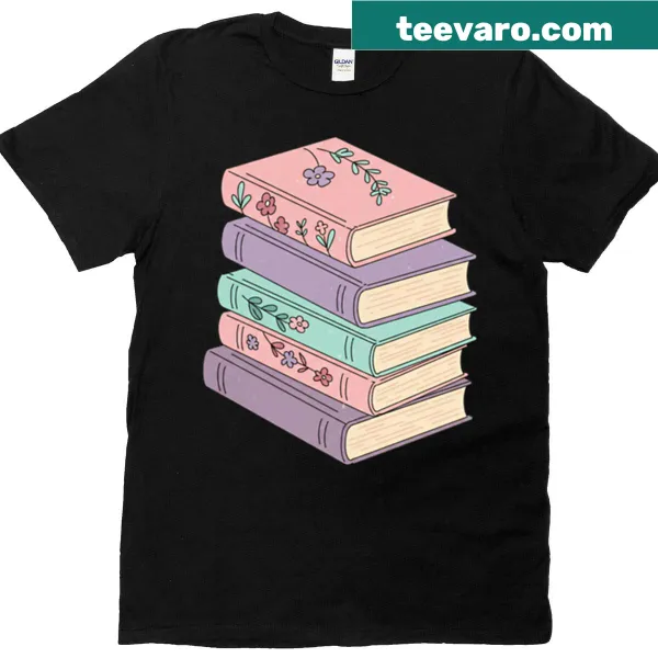 Illustrated T-shirt featuring a stack of books, perfect for book lovers