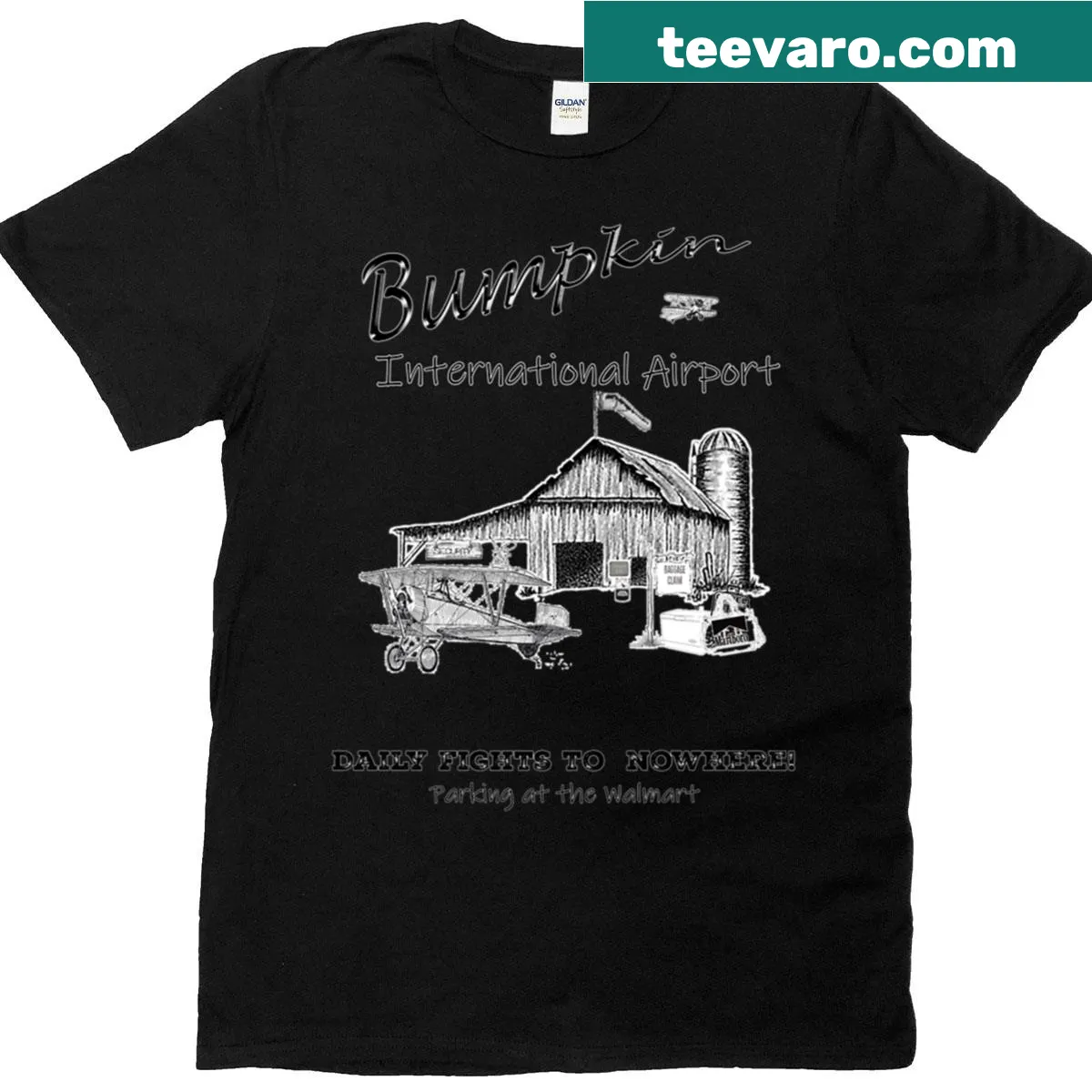 Whimsical Bumpkin International Airport t-shirt with playful illustration — on a men's t-shirt