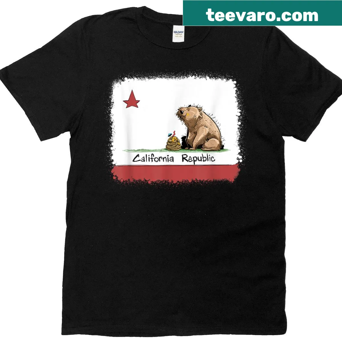 Illustrative California bear t-shirt with honey theme — on a men's t-shirt
