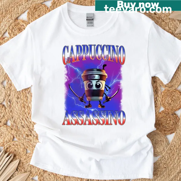 Cartoon graphic of a cappuccino assassin for kids.