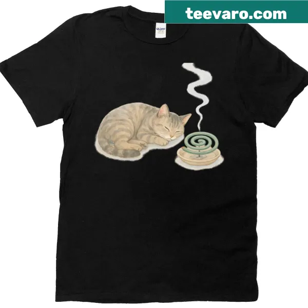 Illustrated T-shirt with a cat next to a mosquito coil