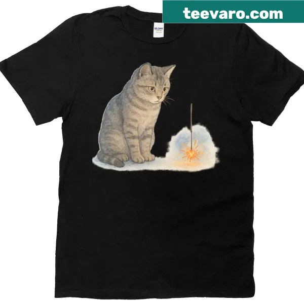 Cartoon-style T-shirt featuring a cat with a sparkler
