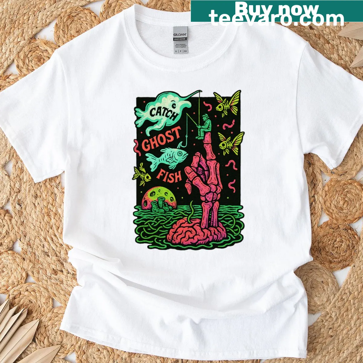 Illustrated ghost fish design on fun fishing t-shirt — on a men's t-shirt