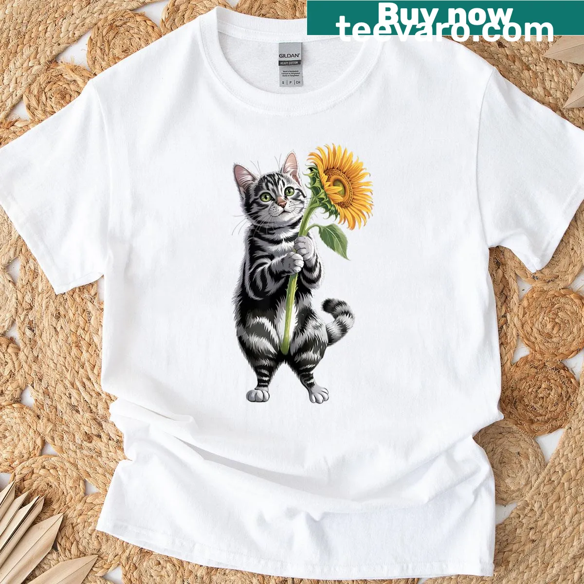 Cute cat holding sunflower t-shirt for women — on a men's t-shirt