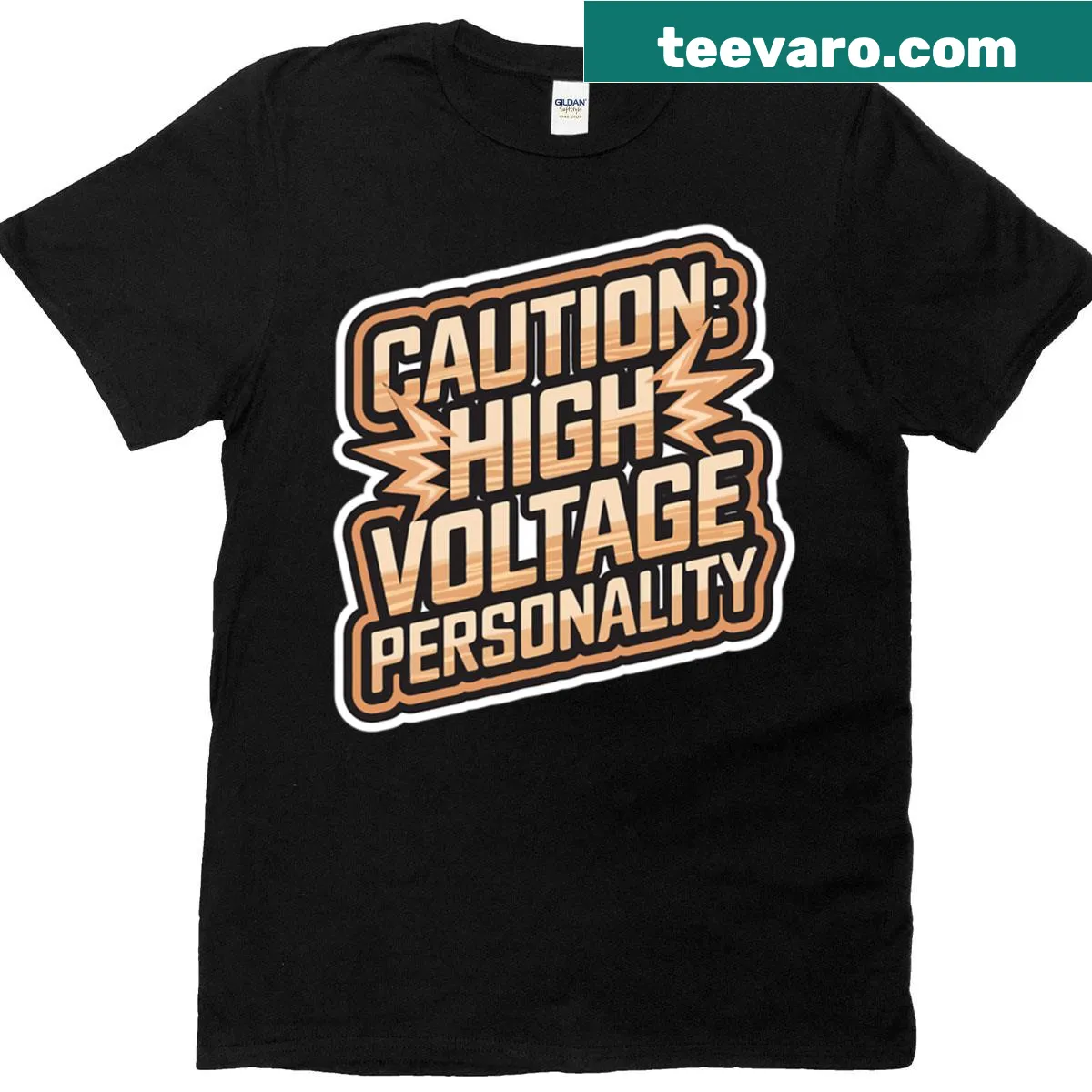 Funny T-shirt with 'Caution: High Voltage Personality' quote — on a men's t-shirt