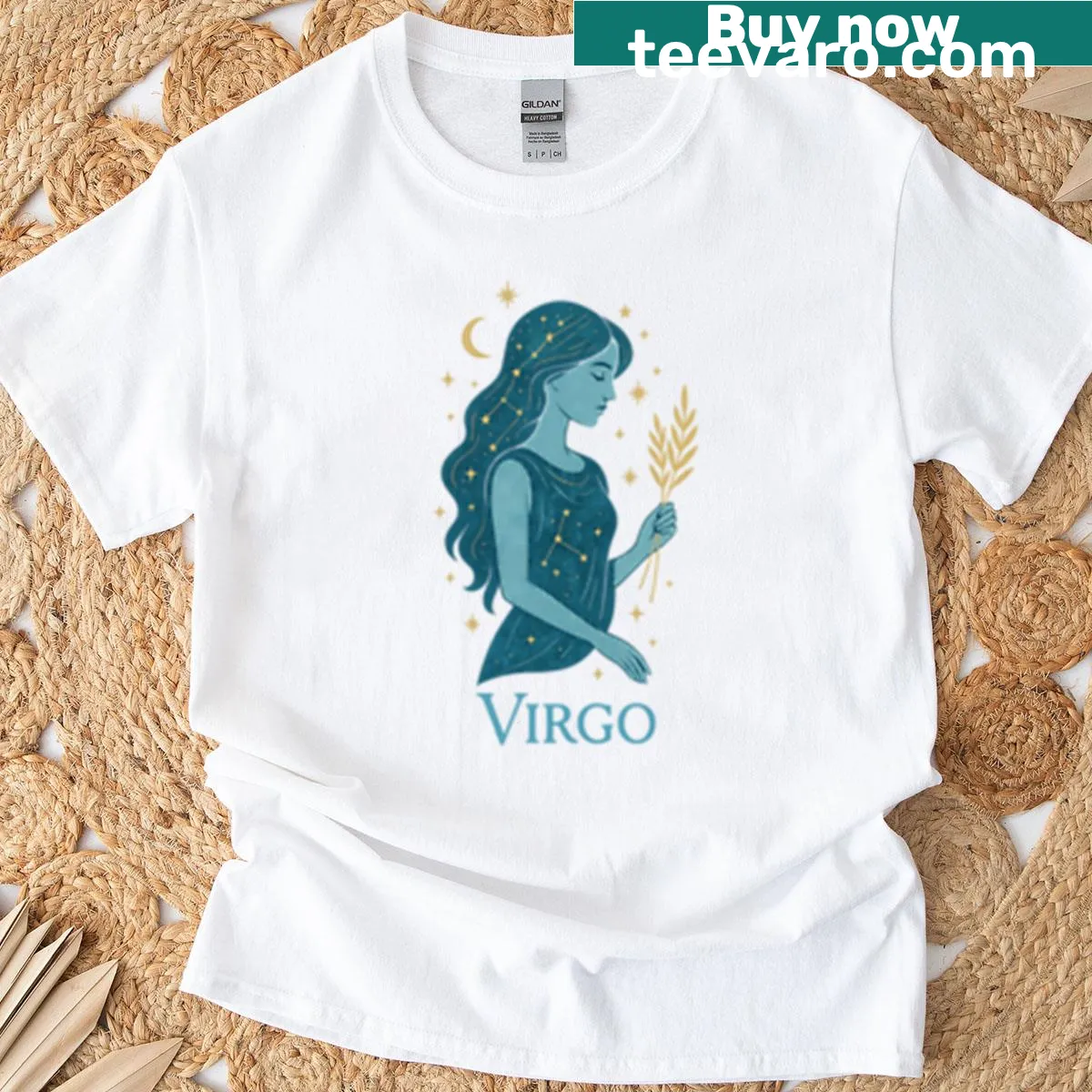 Celestial Virgo design t-shirt with astrological symbols — on a men's t-shirt