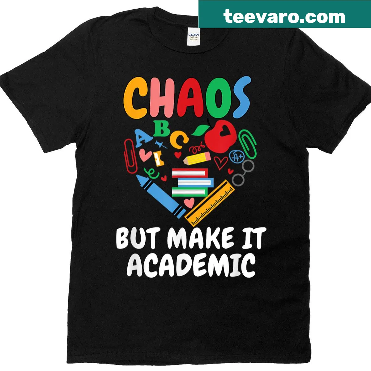 Funny teacher shirt with 'Chaos But Make It Academic' text — on a men's t-shirt