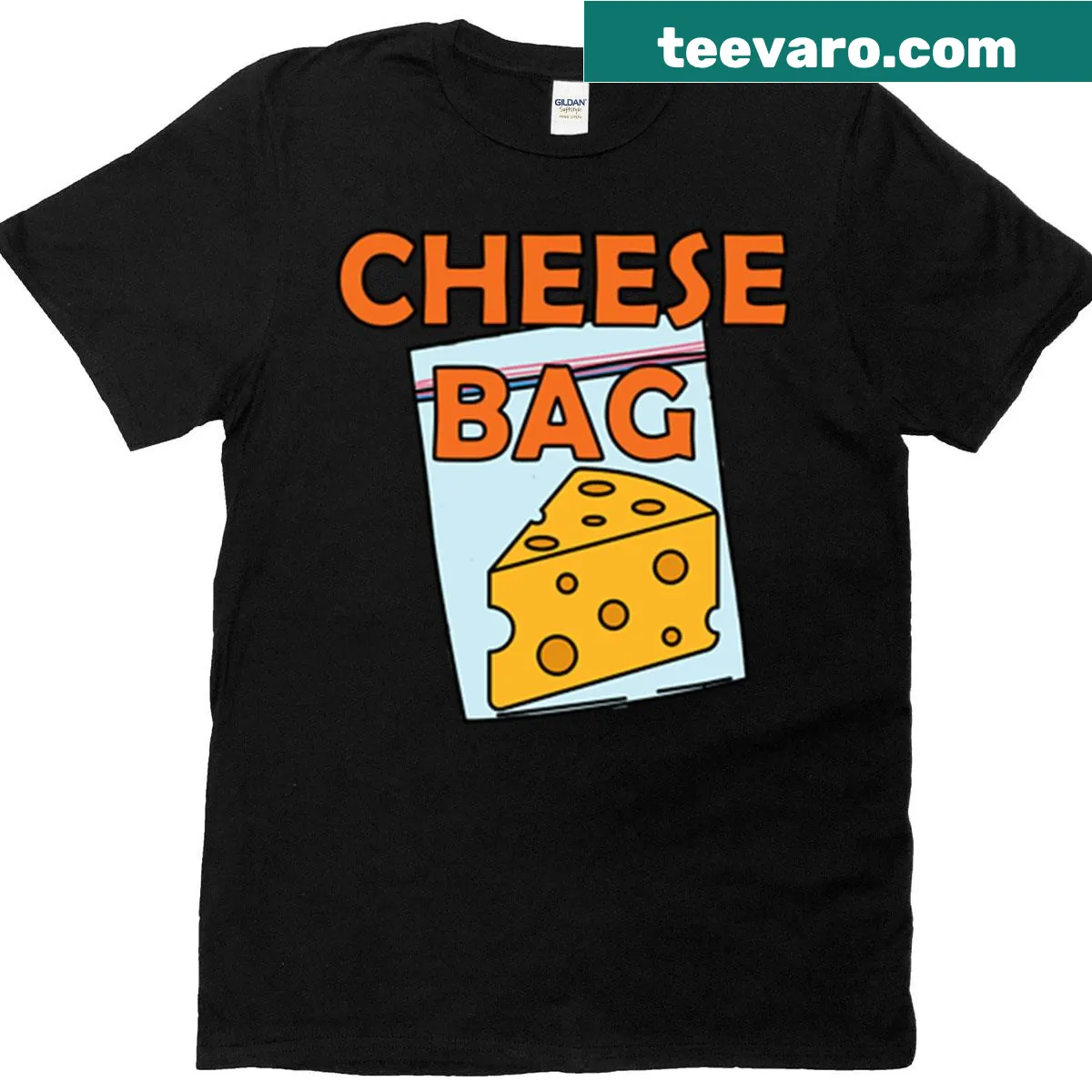 T-shirt featuring a whimsical cheese bag graphic — on a men's t-shirt