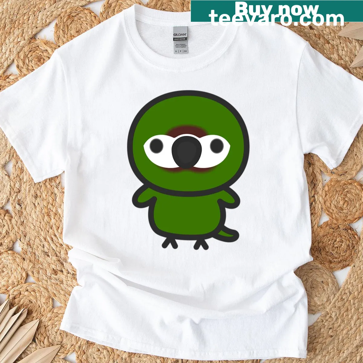Realistic T-shirt featuring a chestnut-fronted macaw illustration — on a men's t-shirt