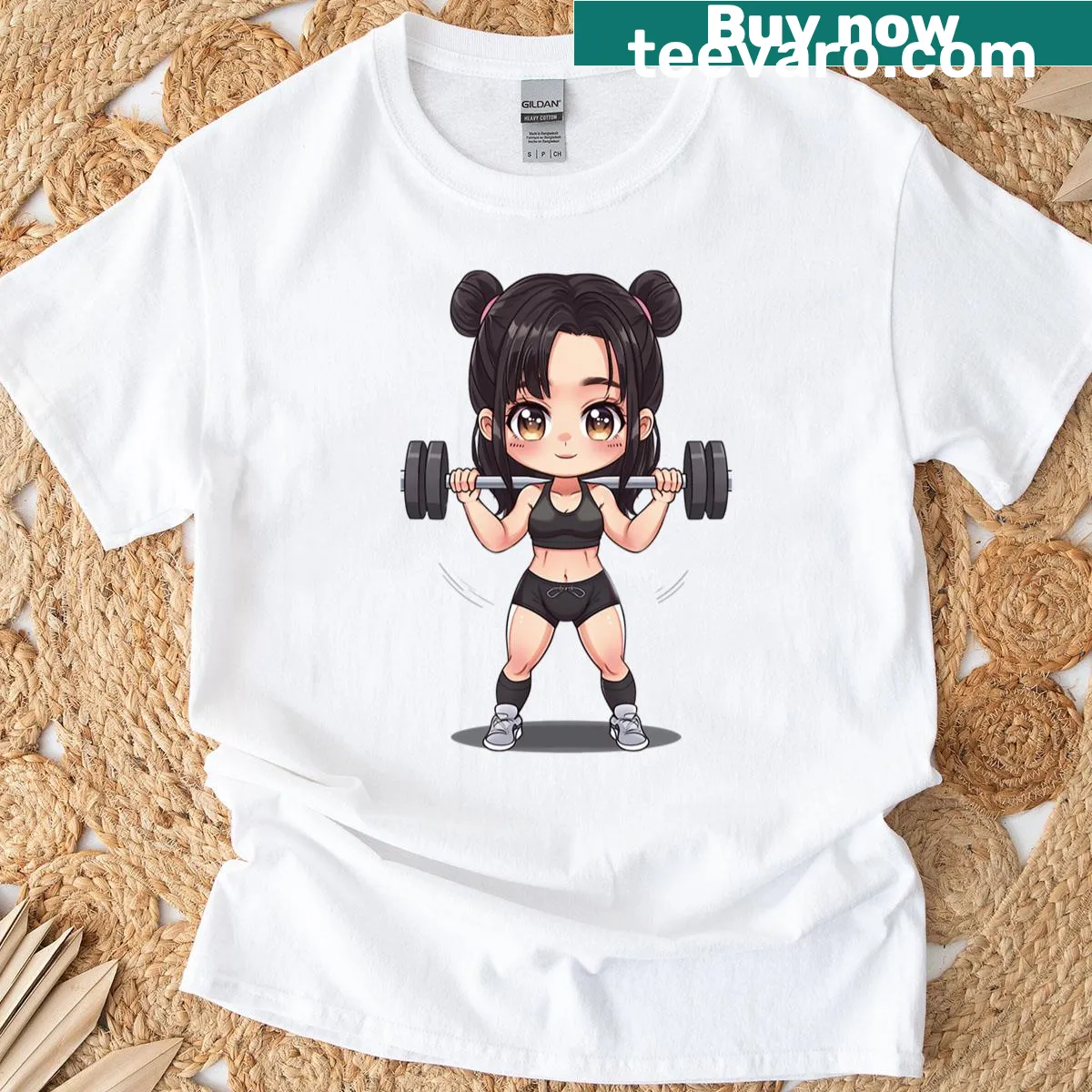 Chibi gym girl lifting a barbell in a fun illustration. — on a men's t-shirt