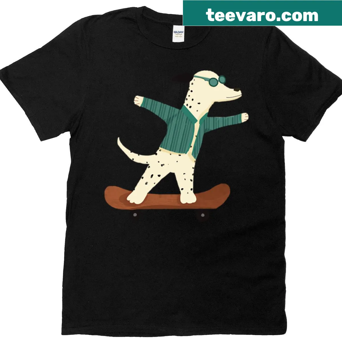 Funny t-shirt featuring a cartoon dog on a skateboard — on a men's t-shirt