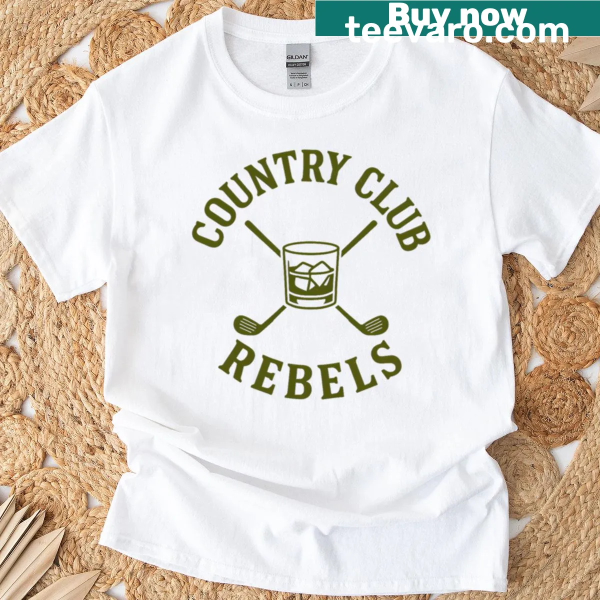 Whimsical illustration of whiskey and golf on a t-shirt — on a men's t-shirt