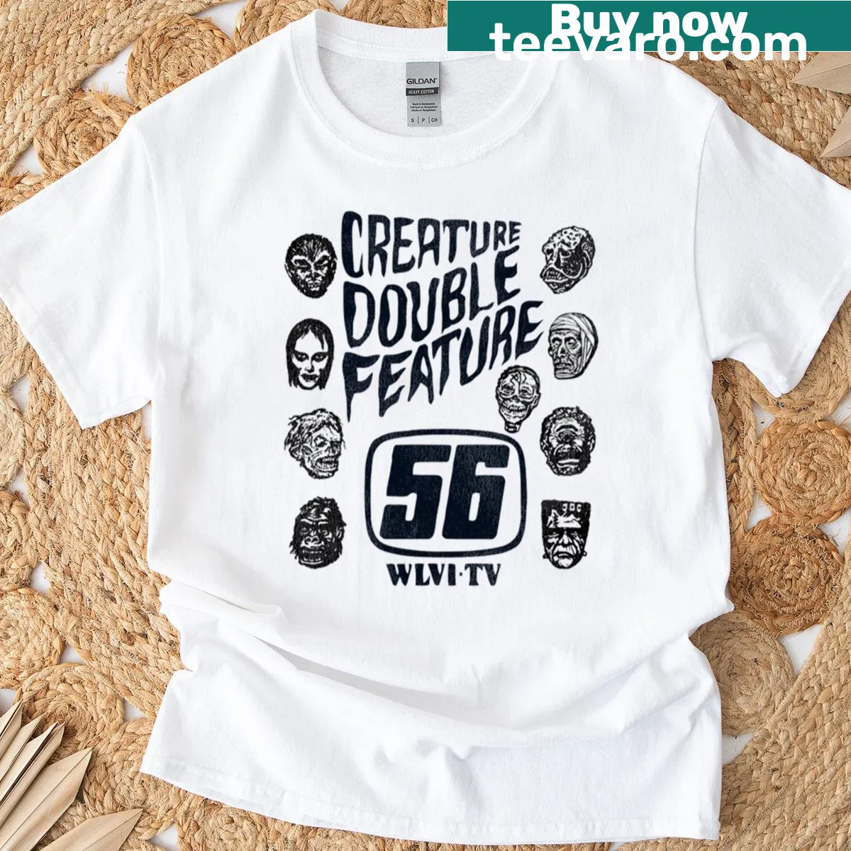 Creature Double Feature graphic T-shirt celebrating classic monsters — on a men's t-shirt