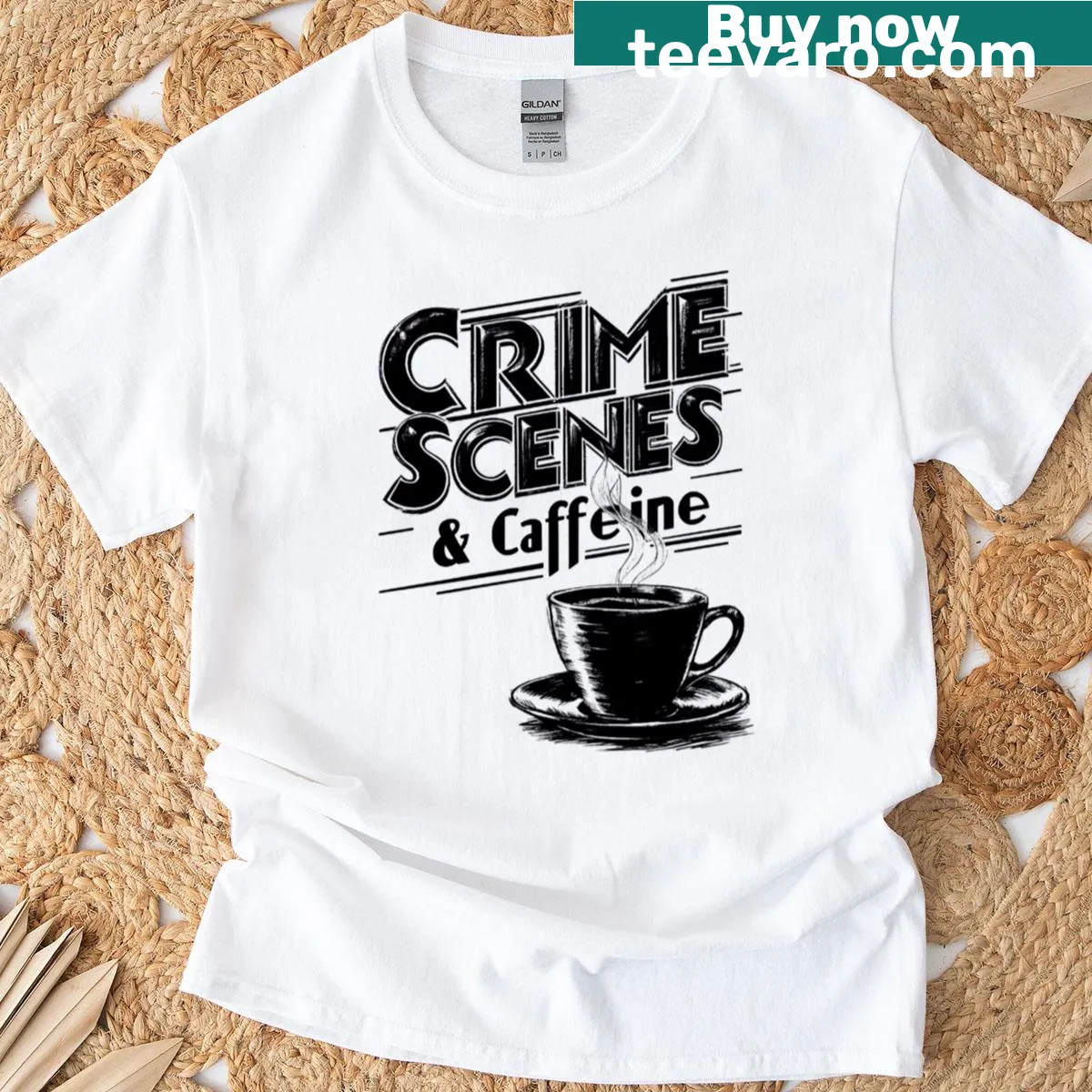 Vintage detective-themed T-shirt with coffee and crime quote — on a men's t-shirt