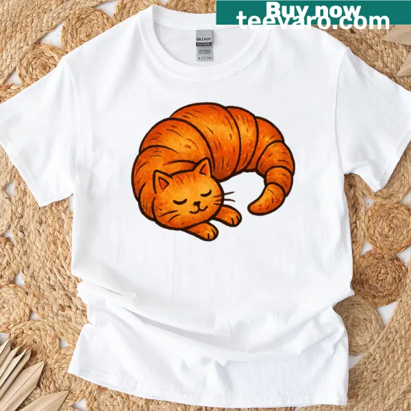 Illustration of a cat sleeping on a croissant T-shirt