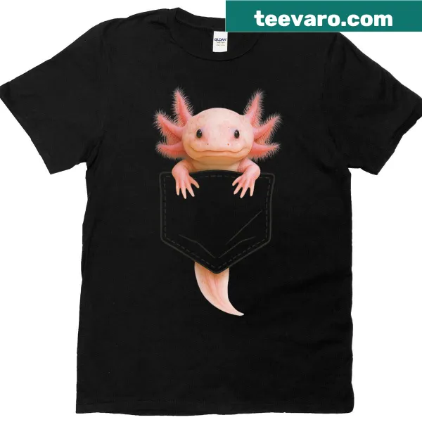 Illustrated axolotl peeking from a pocket on a T-shirt