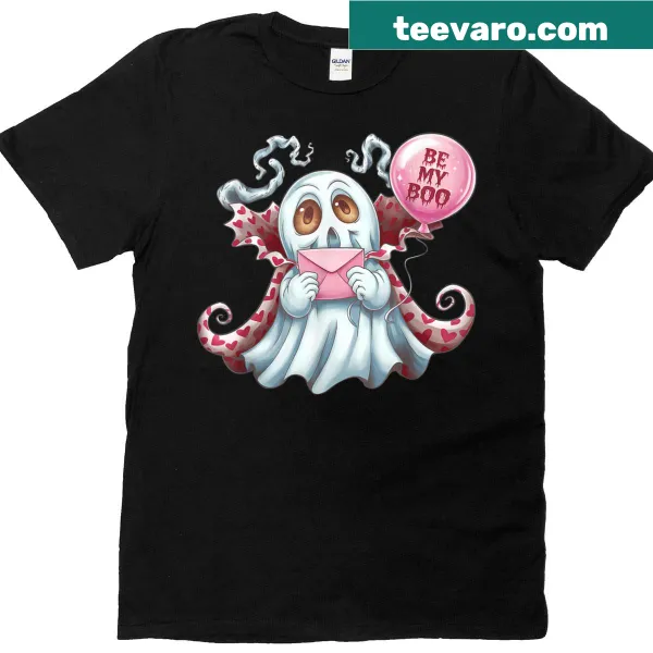 Cute ghost graphic with 'Be My Boo' text on a T-shirt.