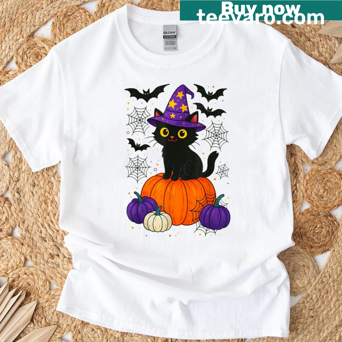 Illustration of a black cat and a pumpkin on a Halloween T-shirt — on a men's t-shirt
