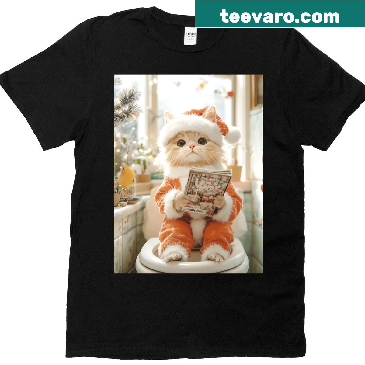 Cartoon of a cat in a Santa outfit on a toilet reading a magazine — on a men's t-shirt