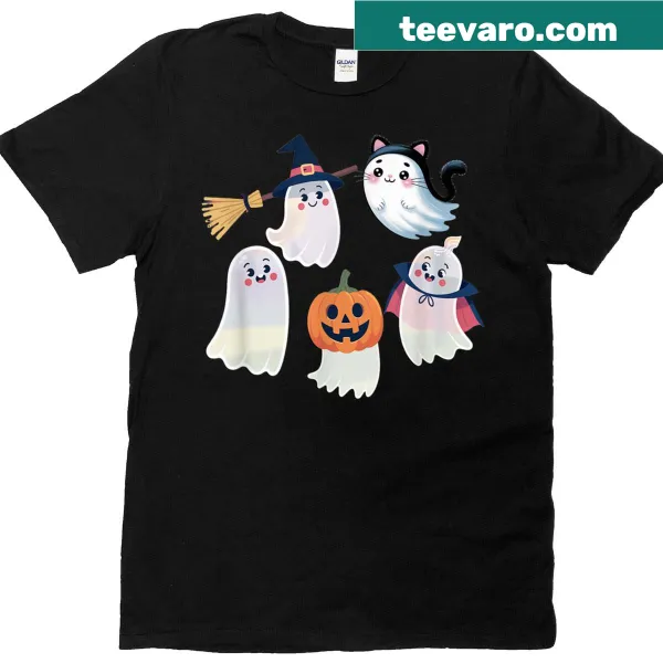 Adorable Halloween ghosts in costumes illustrated on a T-shirt
