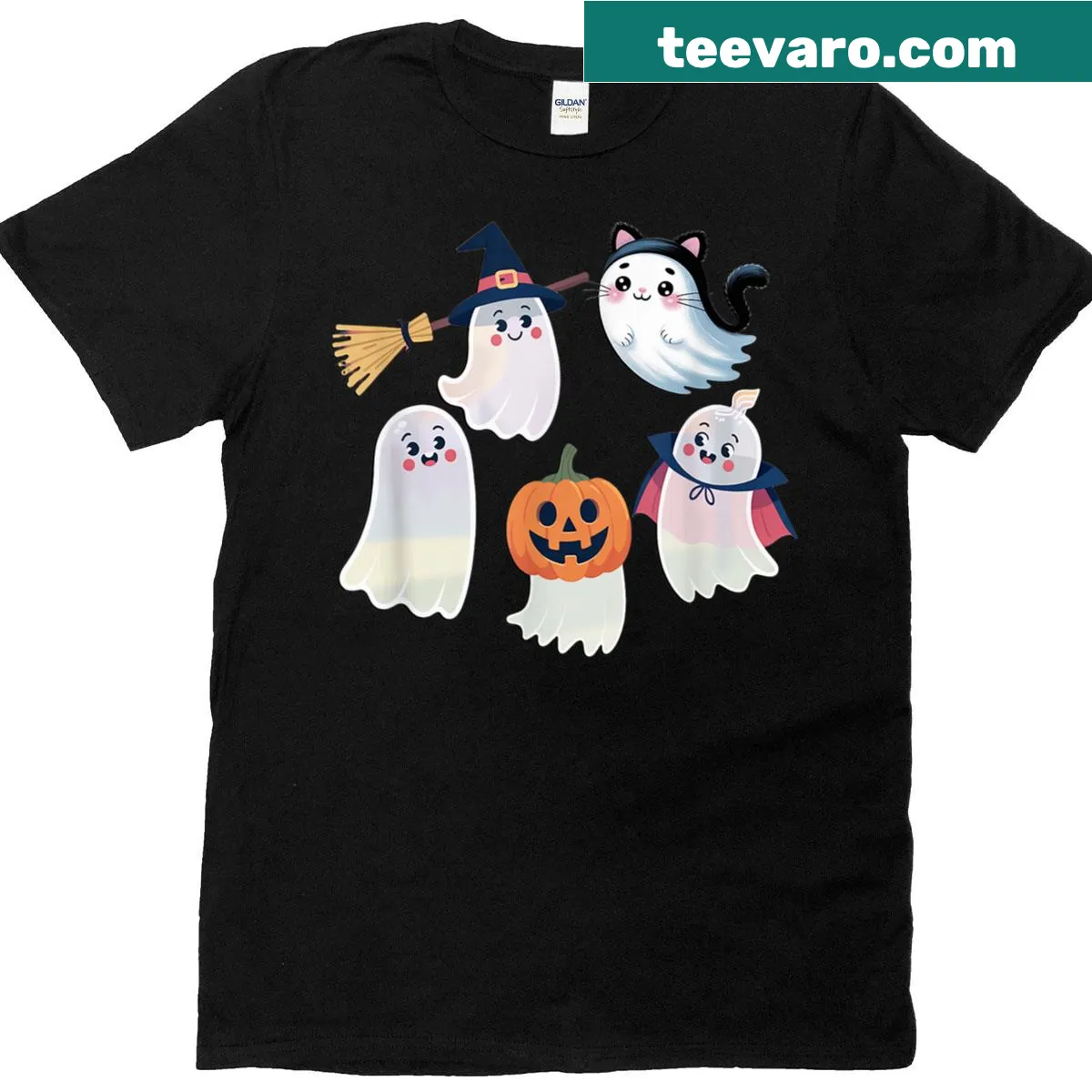 Adorable Halloween ghosts in costumes illustrated on a T-shirt — on a men's t-shirt