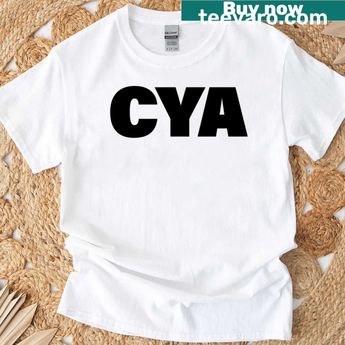 Large text t-shirt stating 'Cya' in bold font — on a men's t-shirt