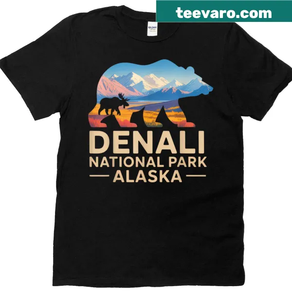Illustrated Denali National Park T-shirt featuring scenic Alaskan wilderness