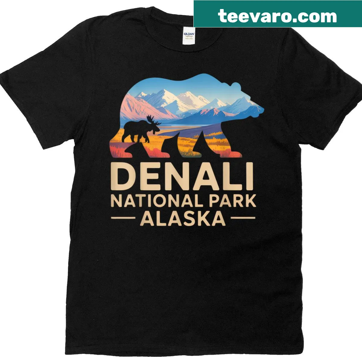 Illustrated Denali National Park T-shirt featuring scenic Alaskan wilderness — on a men's t-shirt