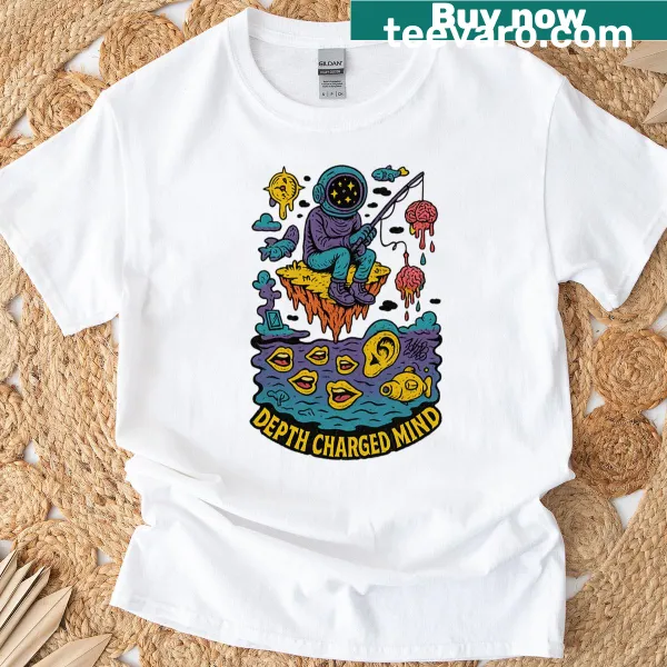 Fishing-themed T-shirt with 'Depth Charged Mind' text