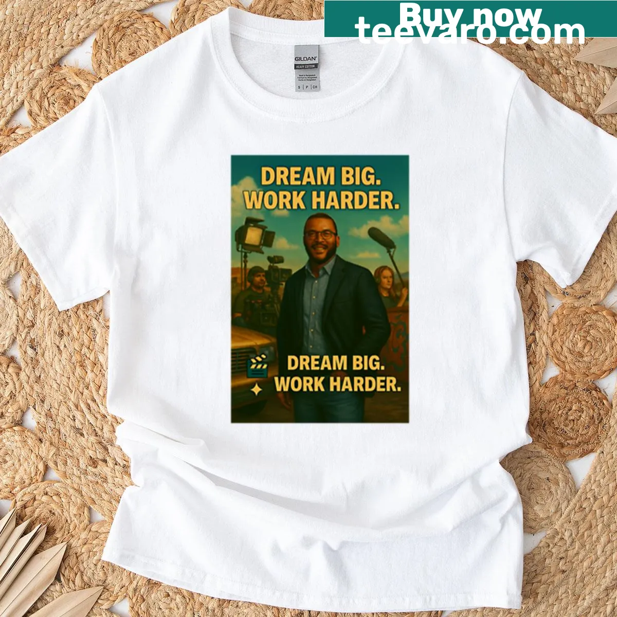 Inspirational T-shirt with the quote 'Dream Big Work Harder' — on a men's t-shirt