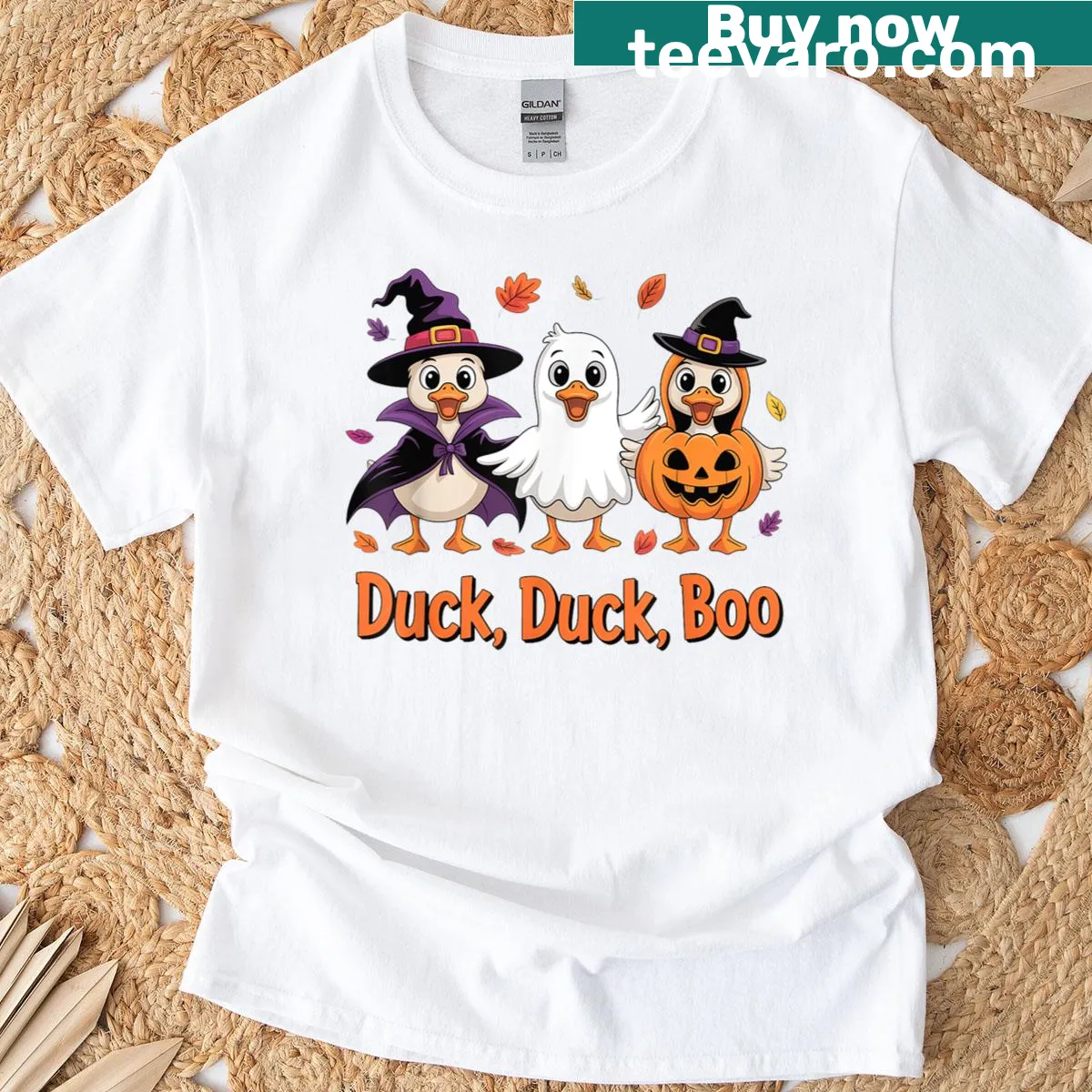 Funny Halloween T-shirt featuring a cartoon duck in costume — on a men's t-shirt