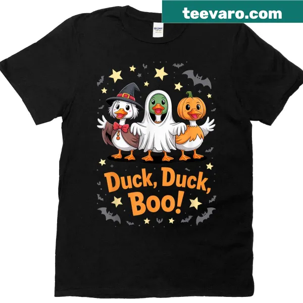 Halloween-themed kids shirt with ducks and spooky goose illustration
