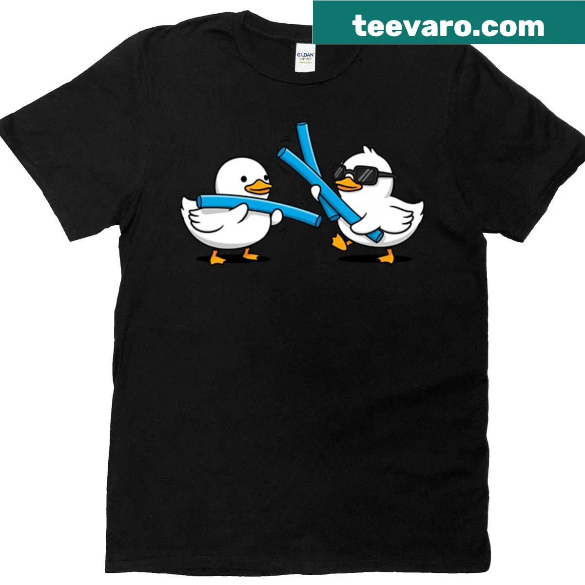 Funny graphic of two ducks facing off on a playful T-shirt. — on a men's t-shirt